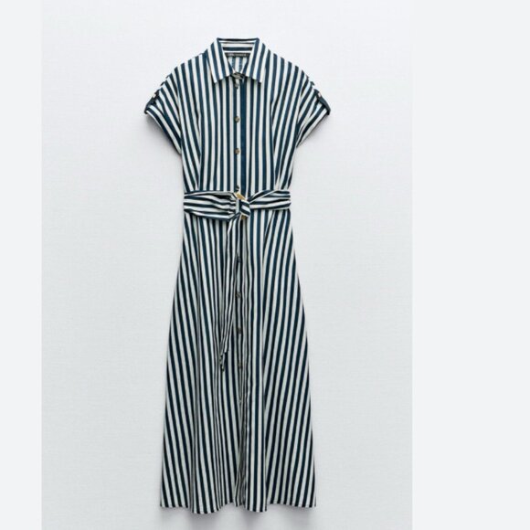 NWT ZARA STRIPED LINEN/COTTON BLEND MIDI SHIRTDRESS Bloggers Fave - Picture 2 of 7